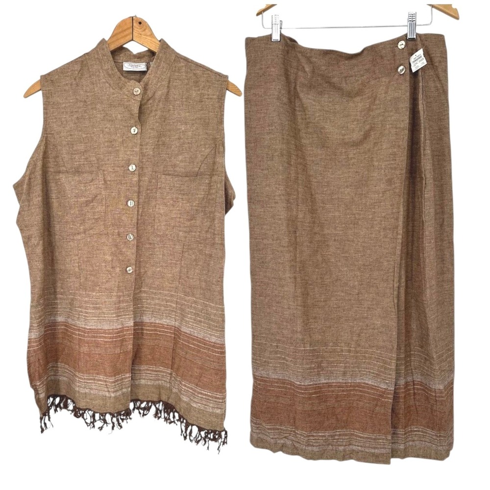 VTG Caran New York Wrap Maxi Skirt Set 2X Brown Linen Blend Fringe Boho Western